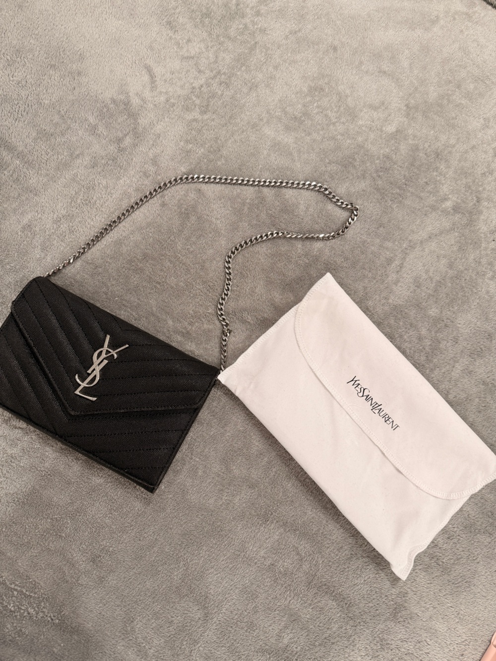 Saint Laurent Black Quilted Leather Chain Card Holder with Silver YSL Logo
